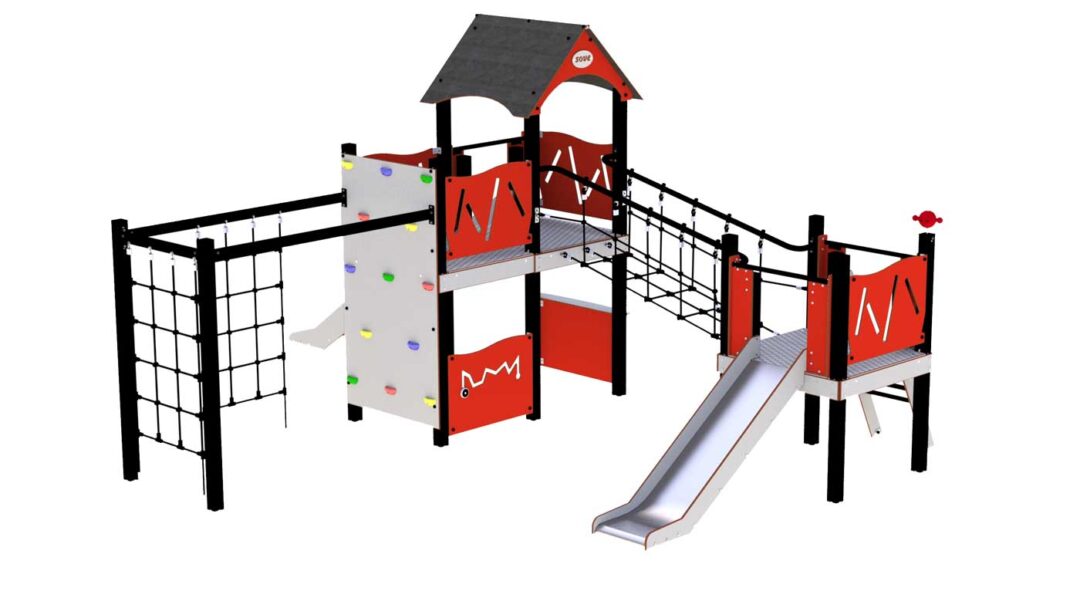 11 290 001 Rød Lekeseksjon Rød lekeapparat med rutsjebane, klatrenett og lekehus under