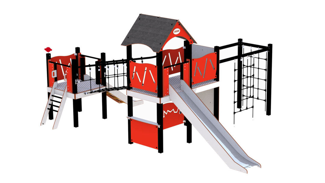 11 290 001 Ulefoss Lekeseksjon Rød lekeapparat med rutsjebane, klatrenett og lekehus under