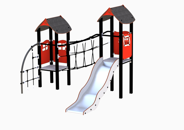 Emma rød lekeseksjon med to tårn og rutsjebane