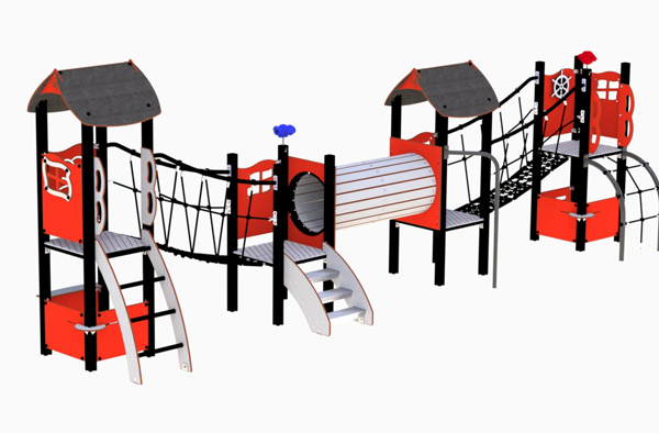 Rød lekeseksjon med tunnel, lekehus og tre tårn