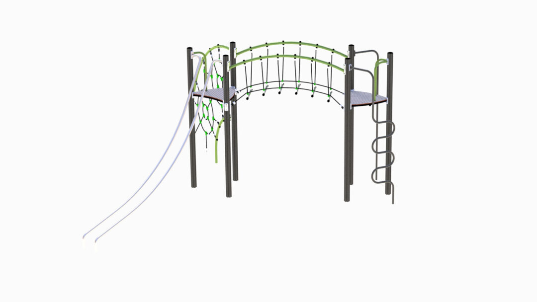 14 101 014 Glekse Adventure Glekse klatreapparat med grå stolper og grønne rør.