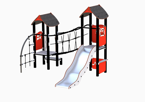 Rød lekeseksjon med to lekehus, rutsjebane og nettbro med mer
