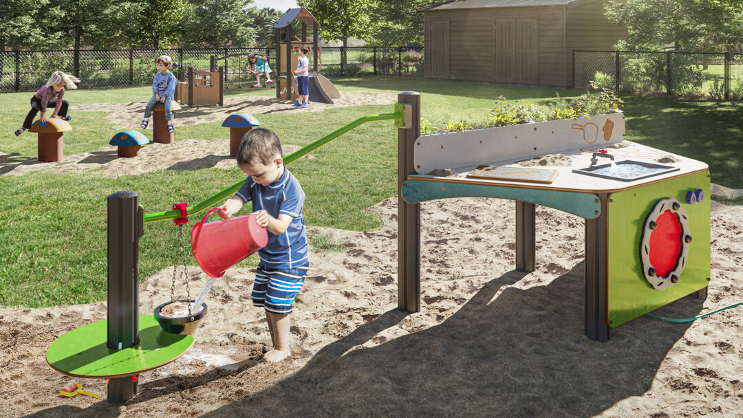 Lekekjøkken for sand og vann med vanntilkobling